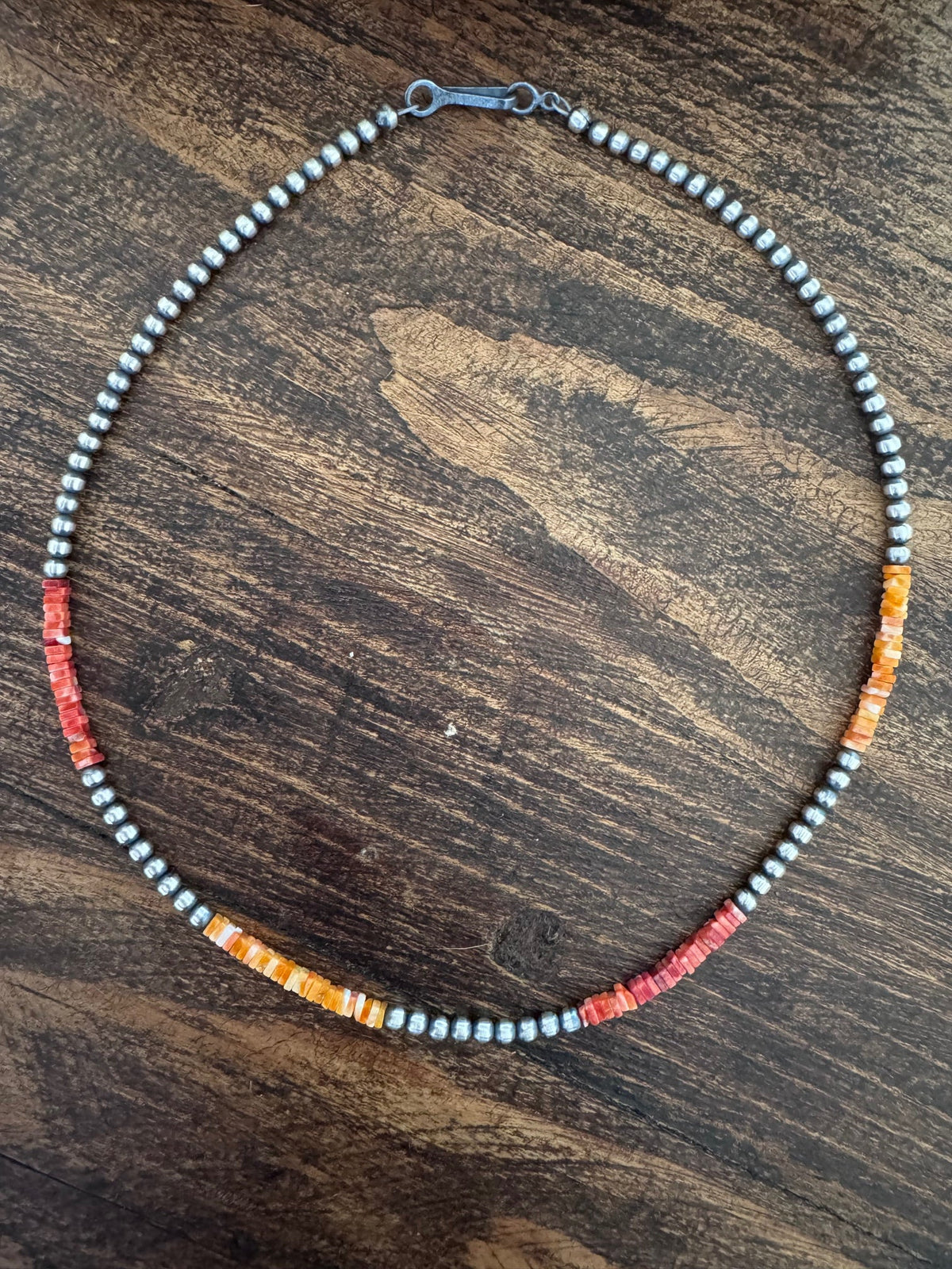 Handcrafted Red Spiny, Orange Spiny & Sterling Silver Pearl 3mm Beaded Necklace