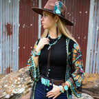 Turquoise Drop Earrings with Leather Tassel-Black 206g