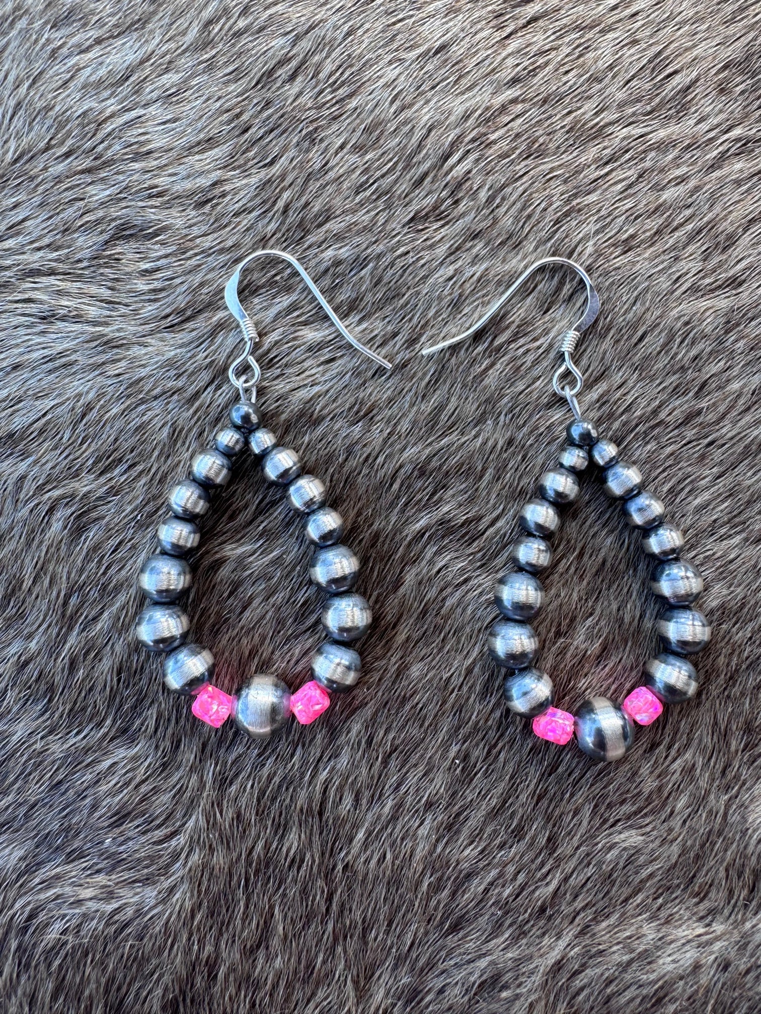 Handcrafted Hot Pink Fire Opal & Sterling Silver Pearl 3-6mm Beaded Hoop Dangle Earring