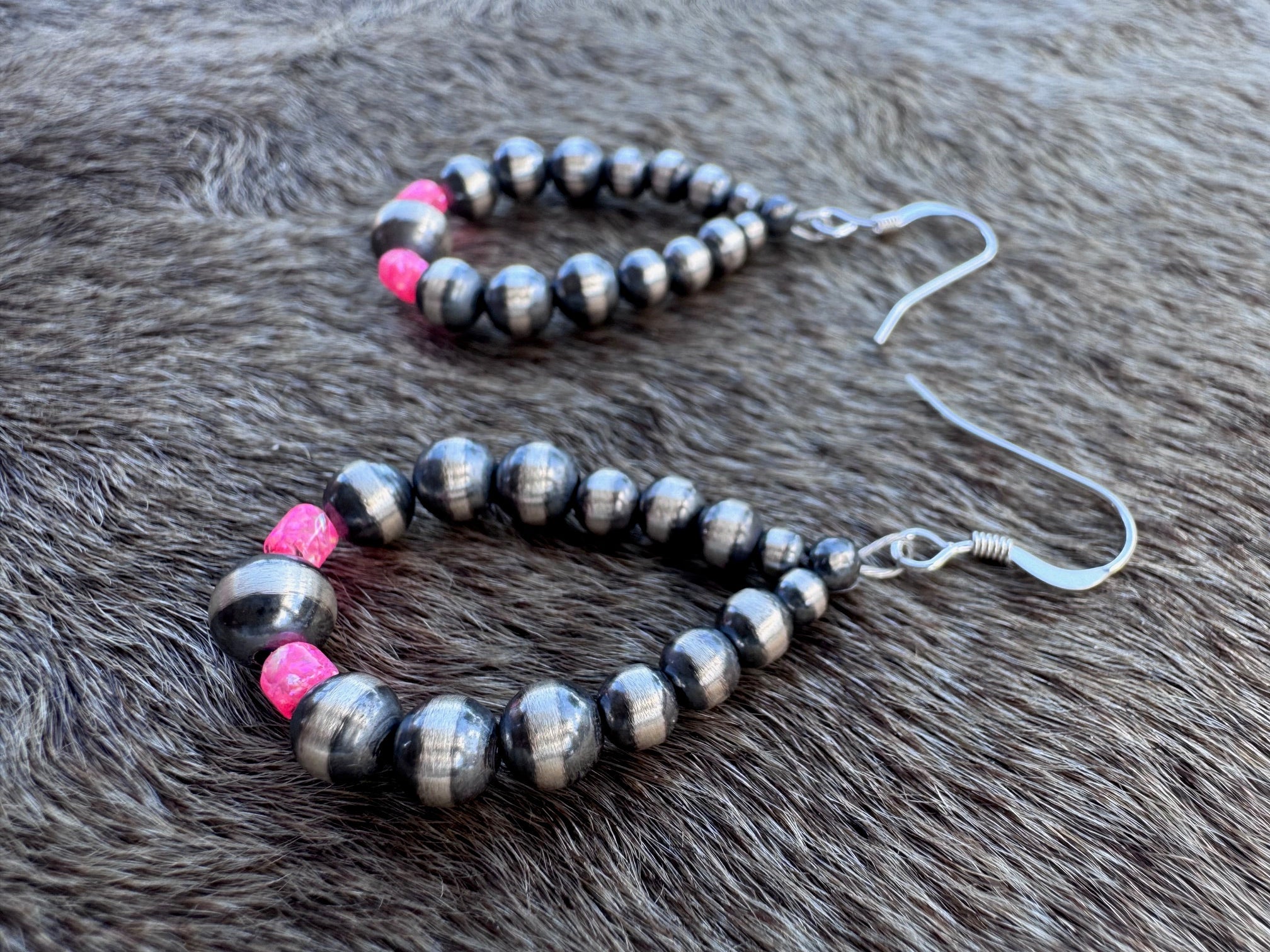 Handcrafted Hot Pink Fire Opal & Sterling Silver Pearl 3-6mm Beaded Hoop Dangle Earring