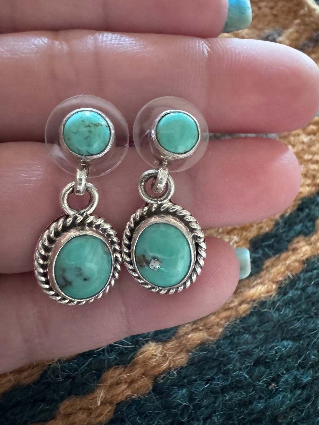 Handcrafted Kingman Turquoise & Sterling Silver 2 stone Post Dangle Earrings