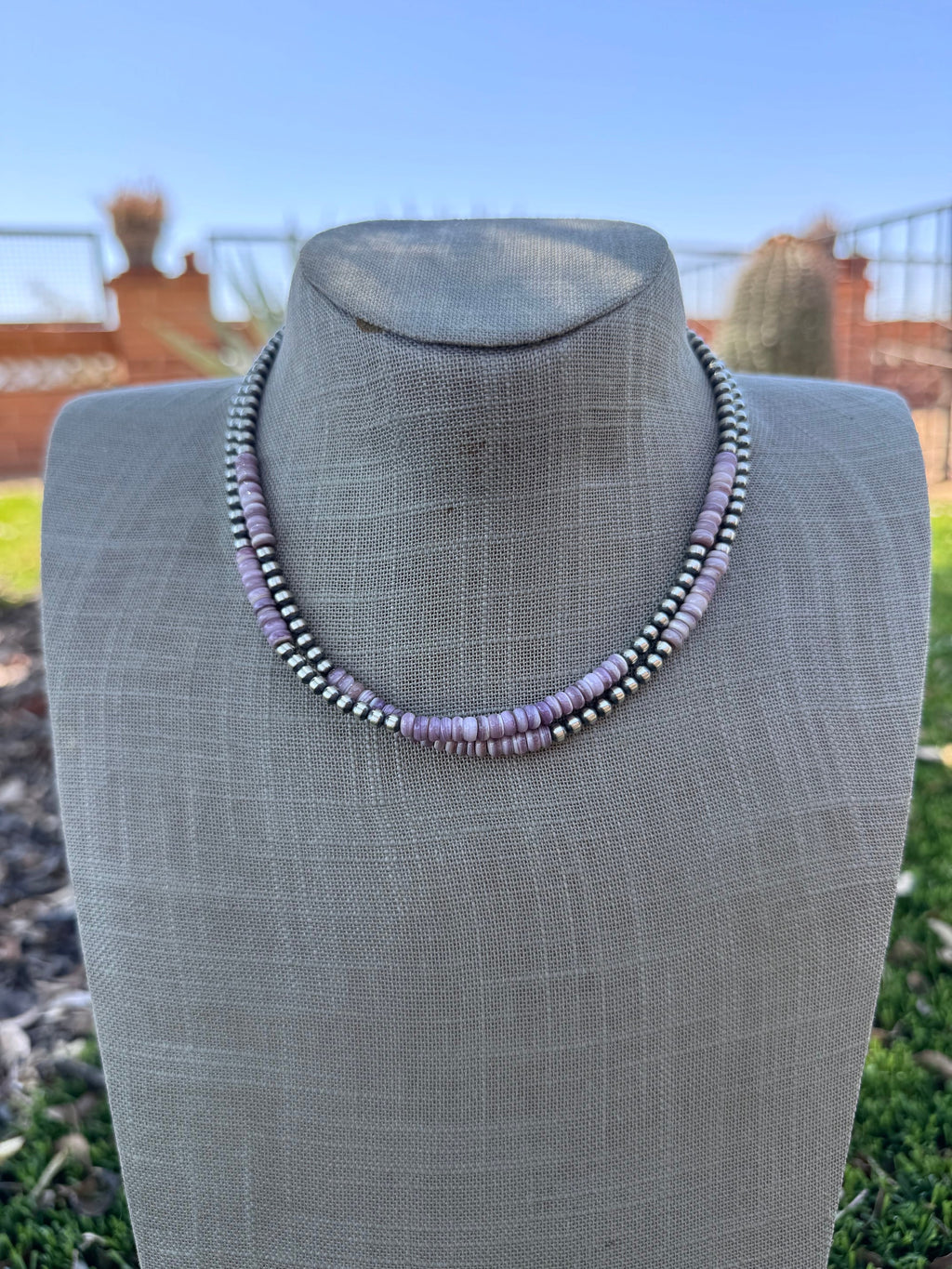 Handcrafted Light Purple Quahog Shell Sterling Silver 4mm Beaded Necklace 16”