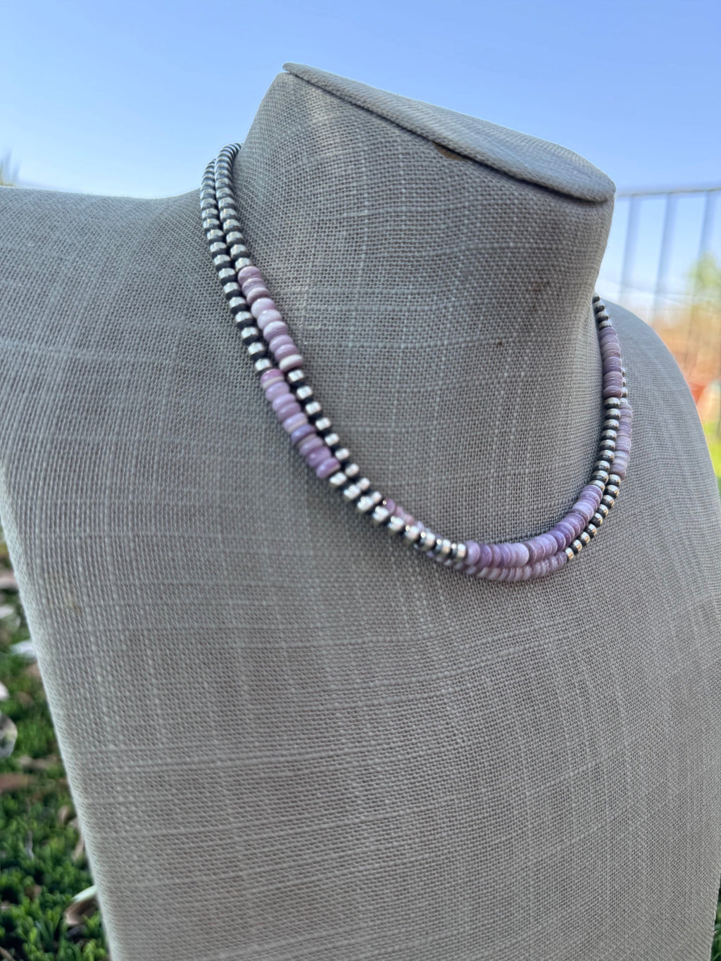 Handcrafted Light Purple Quahog Shell Sterling Silver 4mm Beaded Necklace 16”