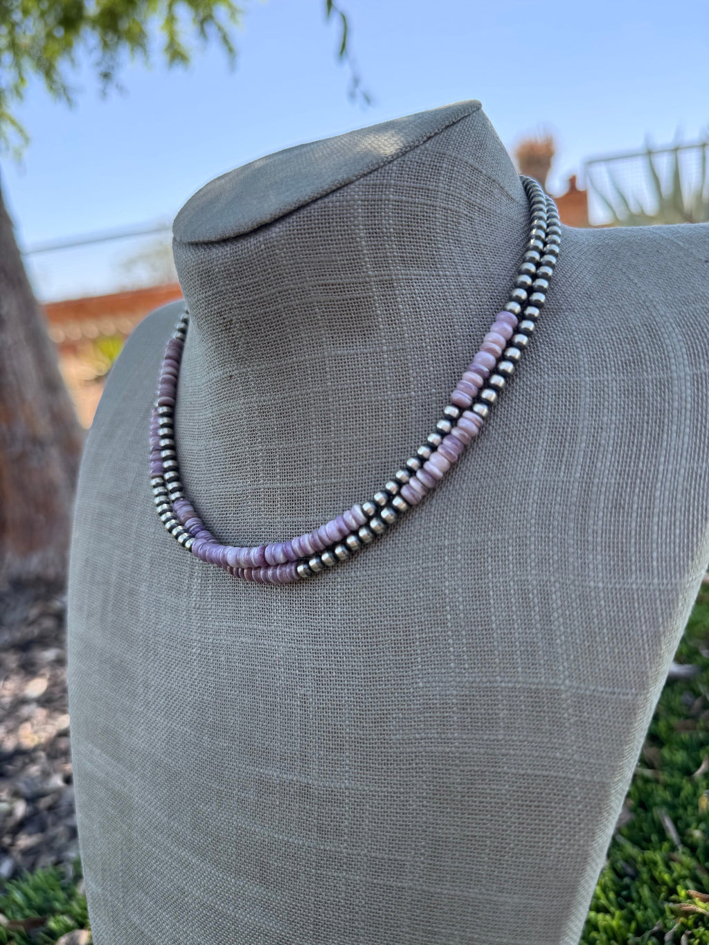 Handcrafted Light Purple Quahog Shell Sterling Silver 4mm Beaded Necklace 16”