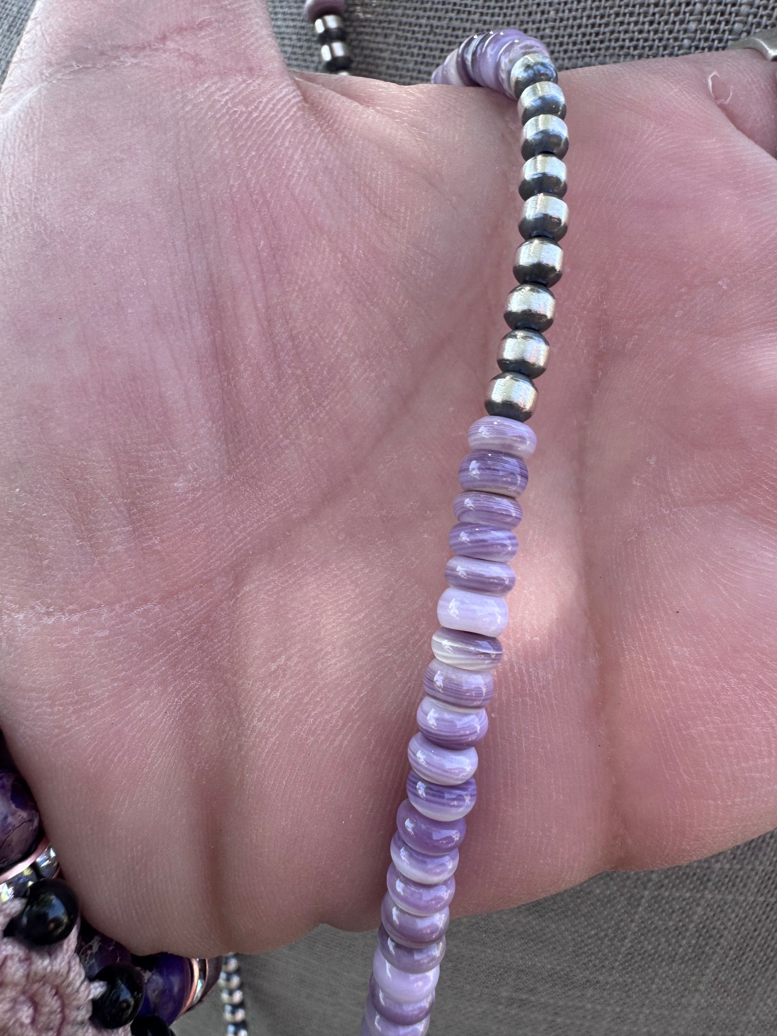 Handcrafted Light Purple Quahog Shell Sterling Silver 4mm Beaded Necklace 16”