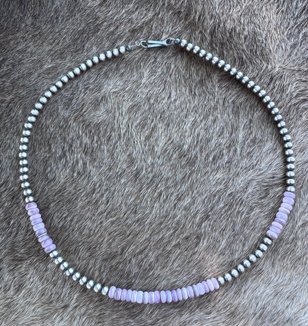 Handcrafted Light Purple Quahog Shell Sterling Silver 4mm Beaded Necklace 16”