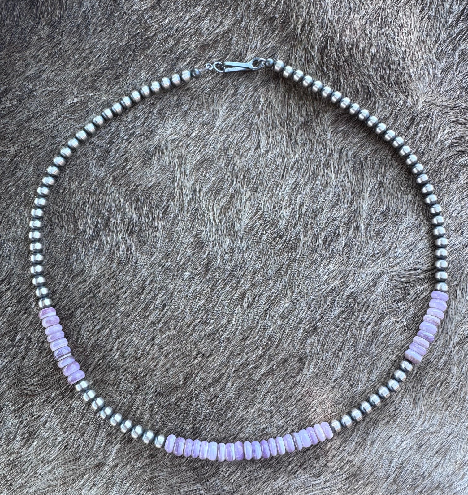 Handcrafted Light Purple Quahog Shell Sterling Silver 4mm Beaded Necklace 16”