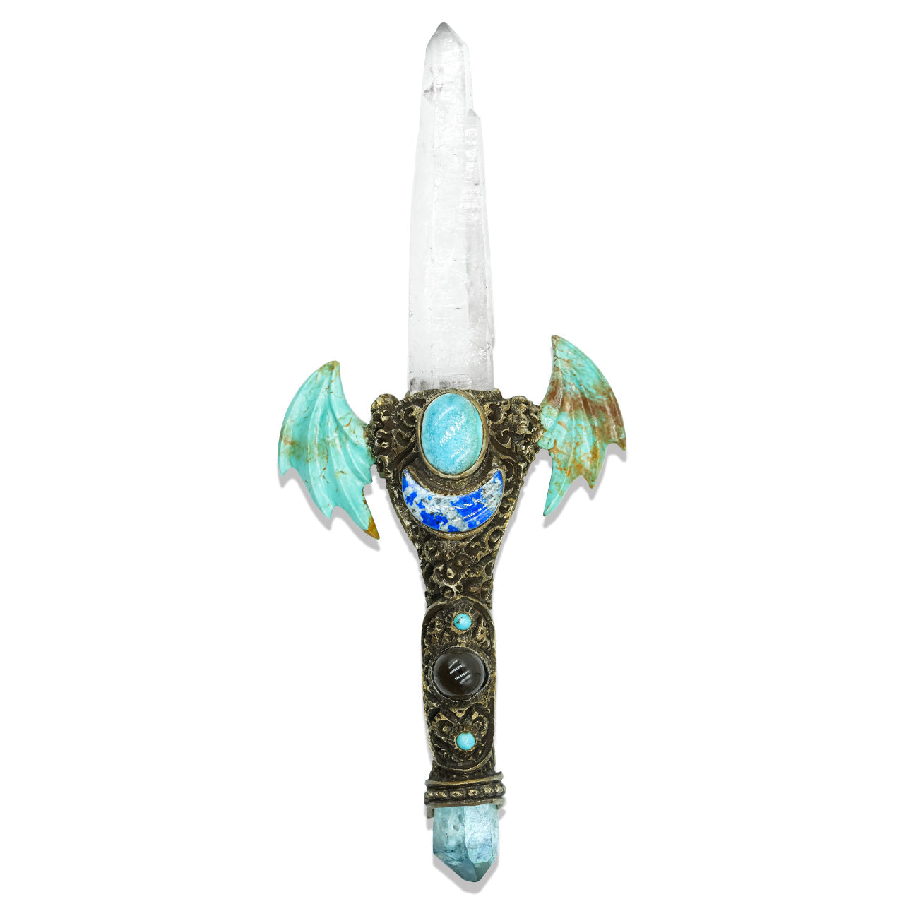 Starborn Laser Quartz Crystal Wand with Turquoise Wings and Decorative Gemstone Inlay Clay Handle