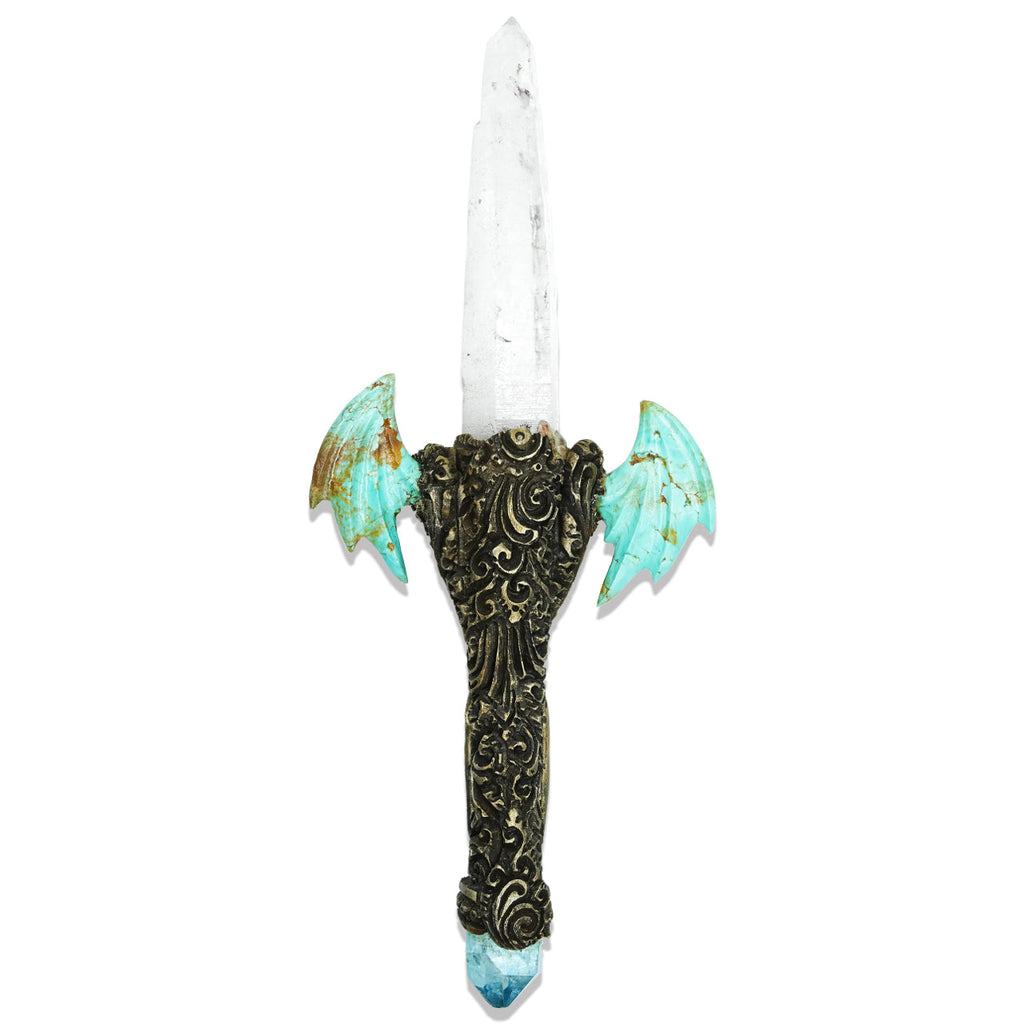 Starborn Laser Quartz Crystal Wand with Turquoise Wings and Decorative Gemstone Inlay Clay Handle