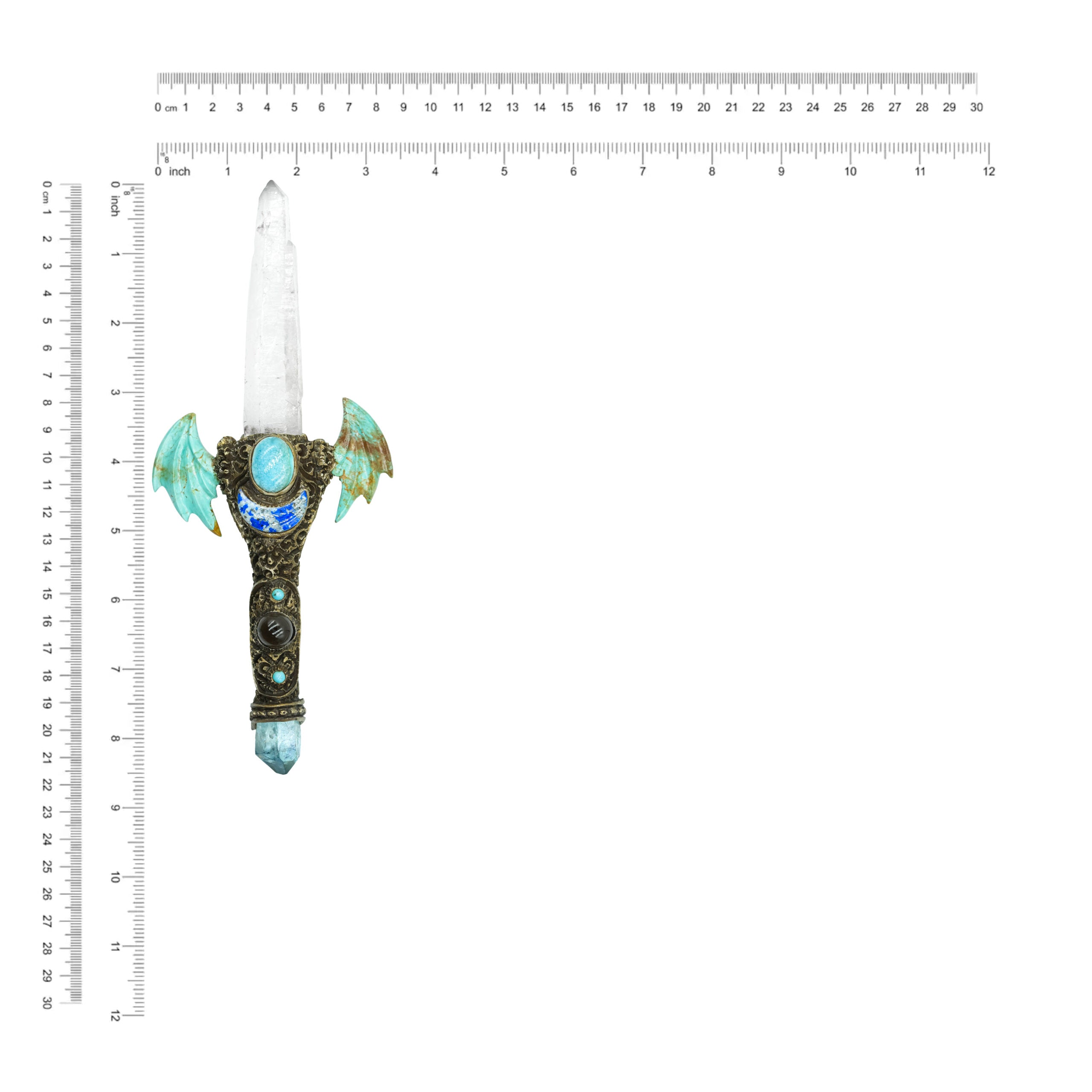 Starborn Laser Quartz Crystal Wand with Turquoise Wings and Decorative Gemstone Inlay Clay Handle