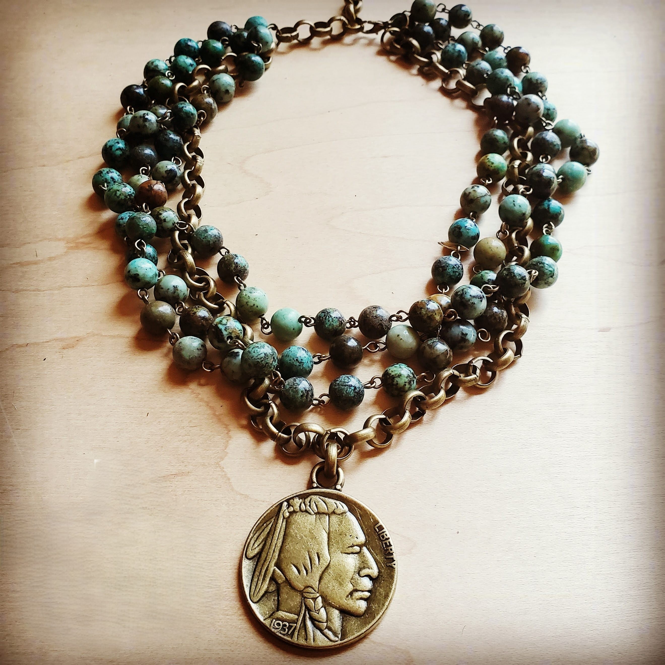 African Turquoise Collar-Length Necklace Indian Buffalo Coin 250t