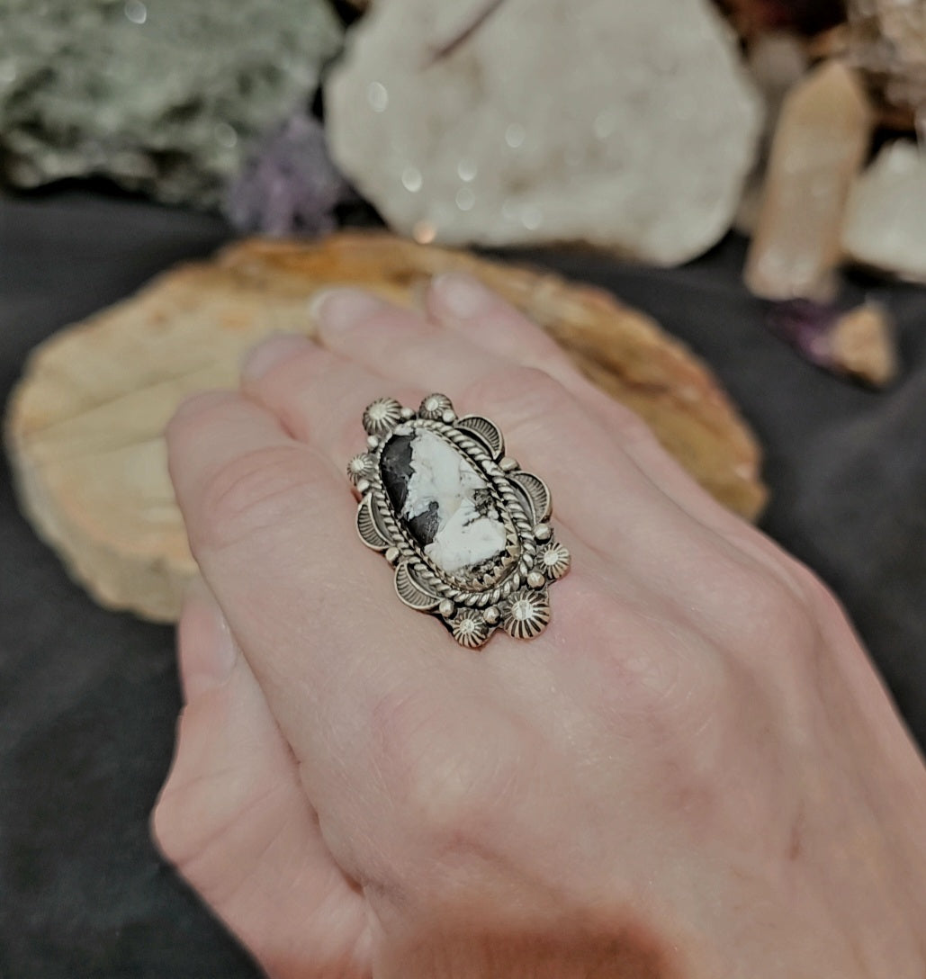 Southwest, White Buffalo Turquoise Adjustable Sterling Silver Ring