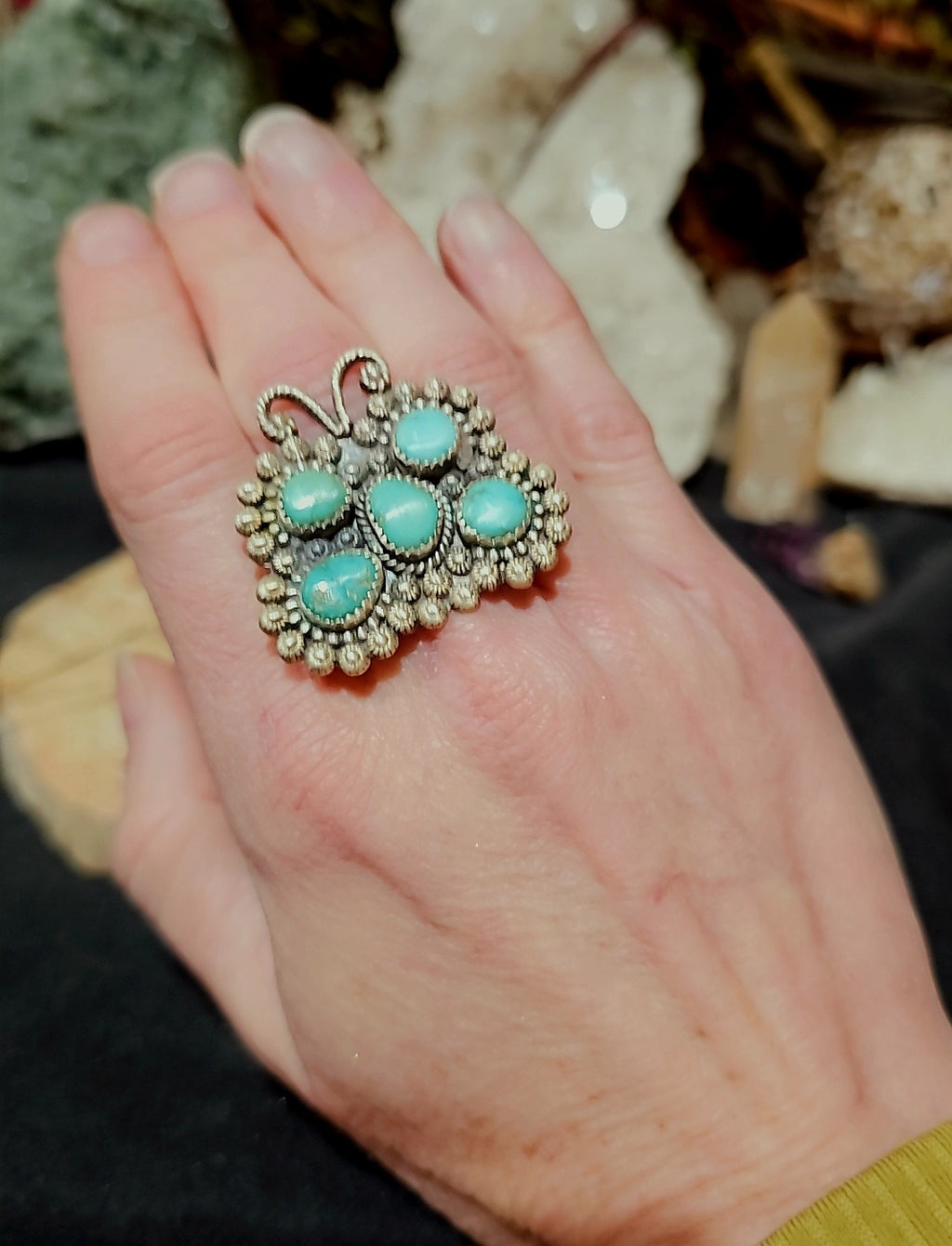Handcrafted, Adjustable, butterfly Turquoise cluster Sterling Ring