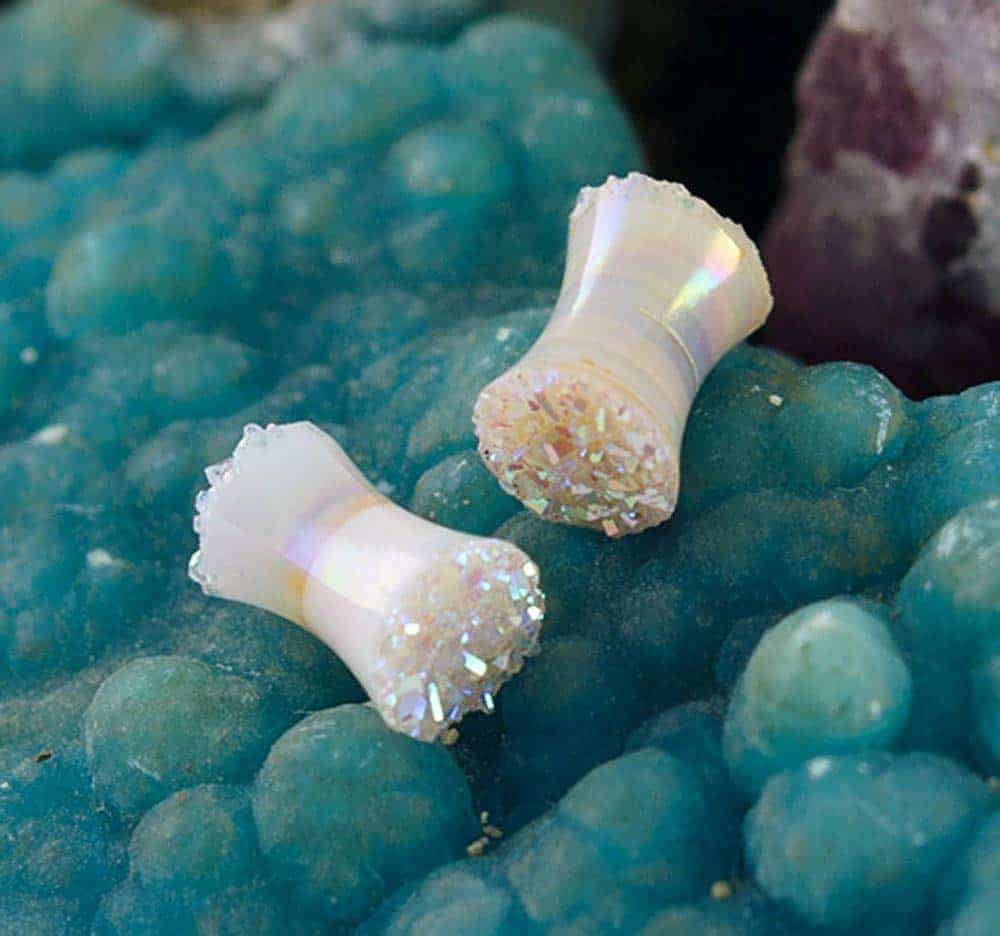Starborn Creations Si Opal White Double Sided Drusy Stone Ear Plugs Gauged Earrings