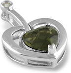 Starborn Faceted Moldavite Heart Pendant with White Topaz Accent in Sterling Silver
