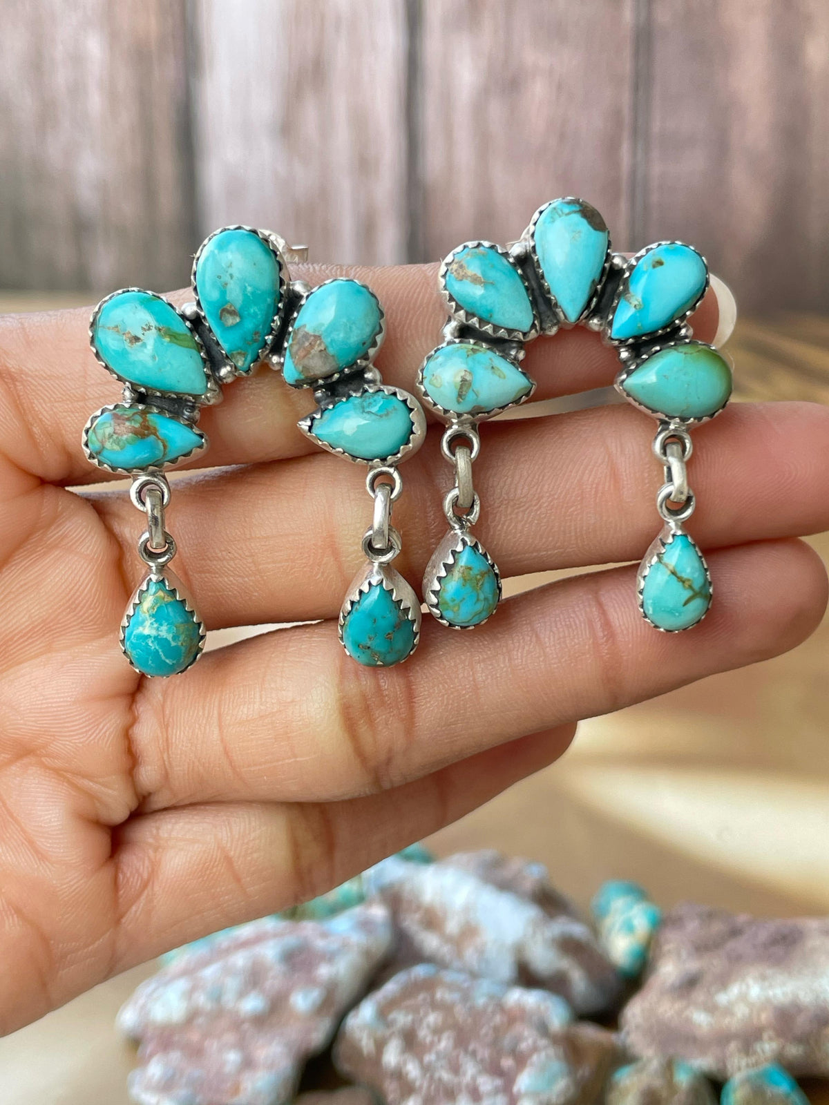 Handmade Sterling Silver Naja post earring, Options-Paloma turquoise, Sonoran mountain, Dahlia rose, MojaveTurquoise, Signed Nizhoni