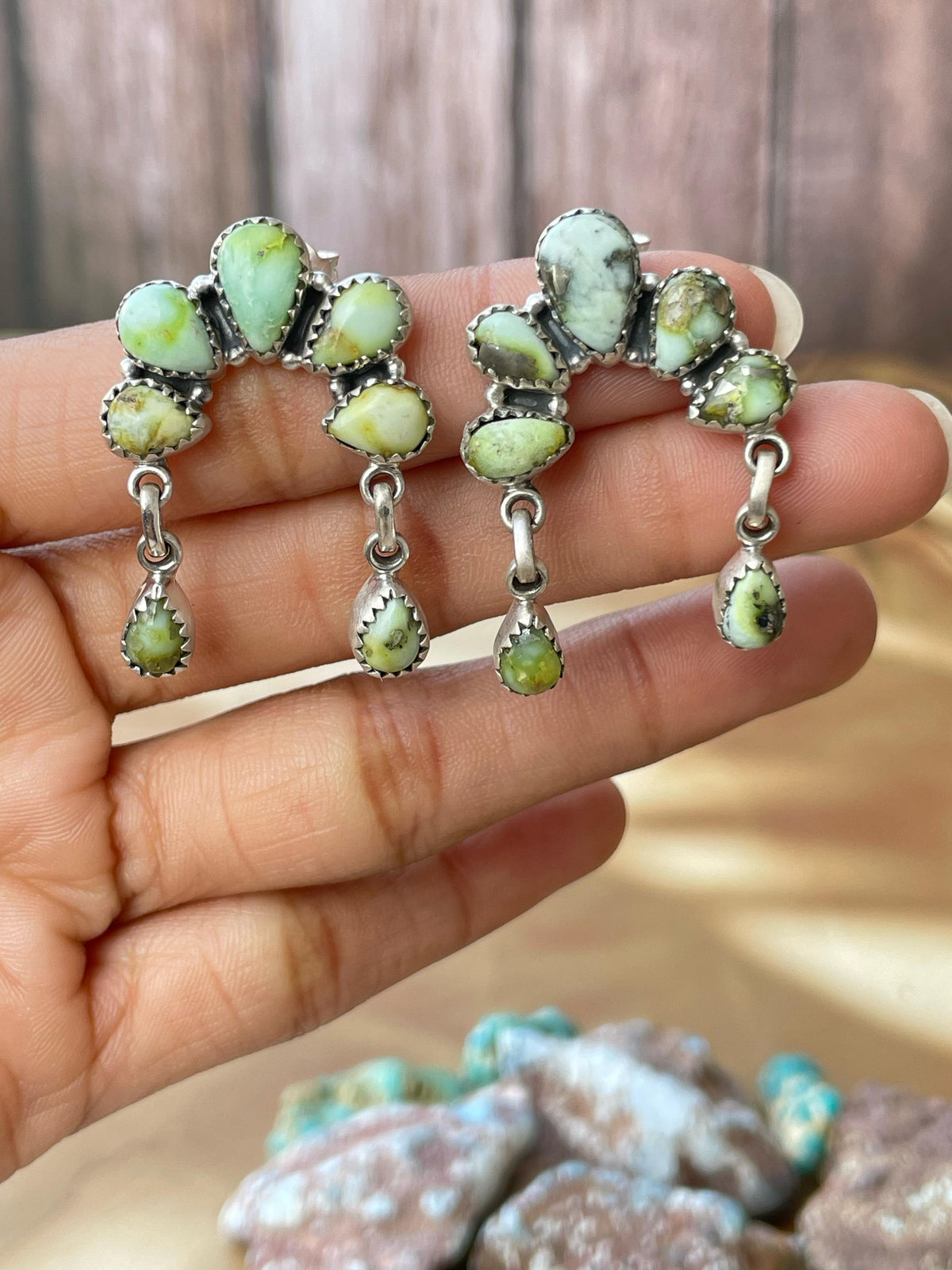 Handmade Sterling Silver Naja post earring, Options-Paloma turquoise, Sonoran mountain, Dahlia rose, MojaveTurquoise, Signed Nizhoni
