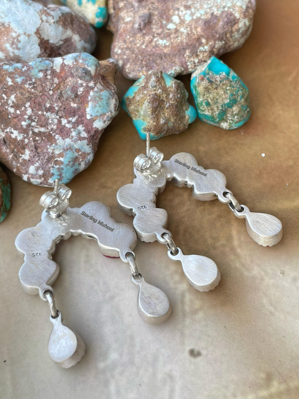 Handmade Sterling Silver Naja post earring, Options-Paloma turquoise, Sonoran mountain, Dahlia rose, MojaveTurquoise, Signed Nizhoni