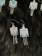 Handmade Sterling Silver White Buffalo, Kingman, Paloma Turquoise Dangle Thunder Bird Earrings with Signed Nizhoni