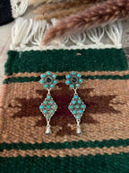 Handmade Sterling Silver Kingman Turquoise with White Buffalo Post Dangle Squash Blossom Earrings Signed Nizhoni