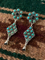 Handmade Sterling Silver Kingman Turquoise with White Buffalo Post Dangle Squash Blossom Earrings Signed Nizhoni
