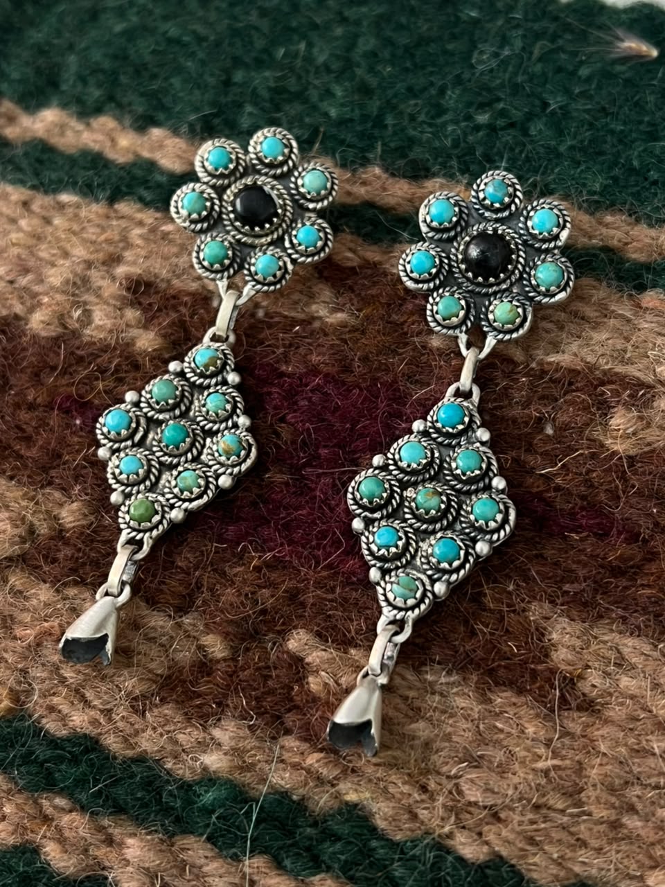 Handmade Sterling Silver Kingman Turquoise with White Buffalo Post Dangle Squash Blossom Earrings Signed Nizhoni