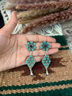 Handmade Sterling Silver Kingman Turquoise with White Buffalo Post Dangle Squash Blossom Earrings Signed Nizhoni