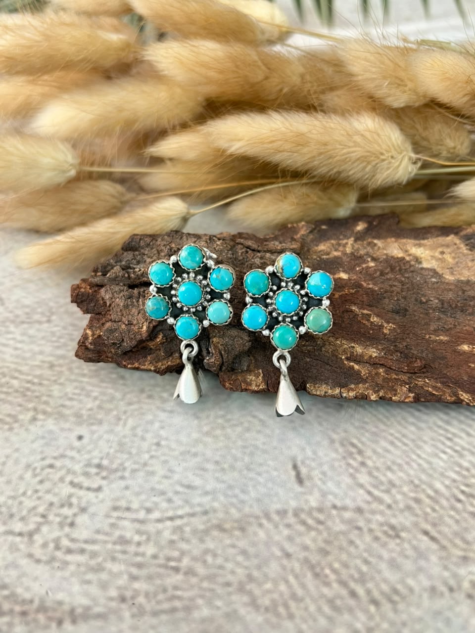 Handmade Sterling Silver Kingman Turquoise Post Studs Squash Blossom Earrings Signed Nizhoni