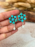 Handmade Sterling Silver Kingman Turquoise Post Studs Squash Blossom Earrings Signed Nizhoni