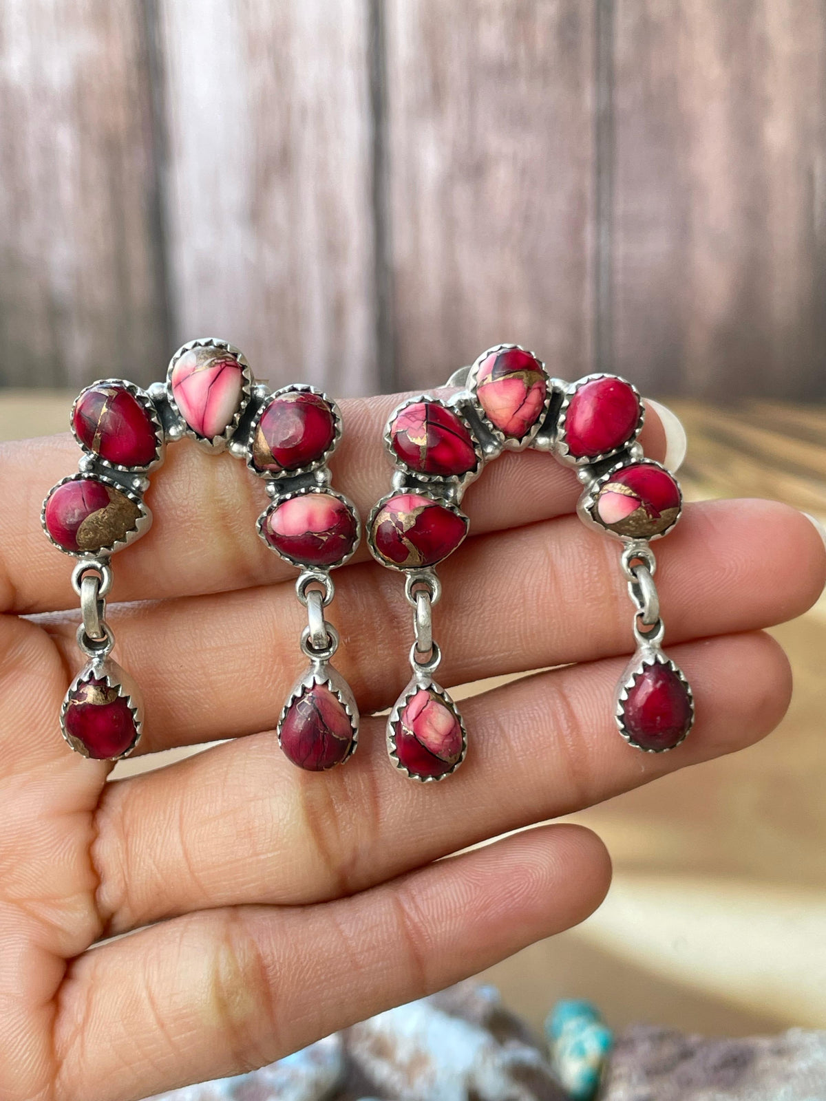 Handmade Sterling Silver Naja post earring, Options-Paloma turquoise, Sonoran mountain, Dahlia rose, MojaveTurquoise, Signed Nizhoni