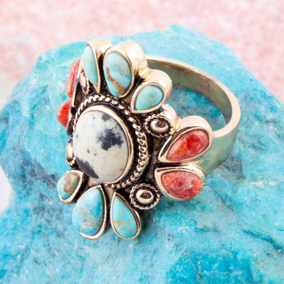 Dalmatian Jasper Multi Color Stone Golden Ring