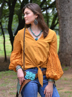 **Leather Oval Earrings Turquoise Brown Floral 203c