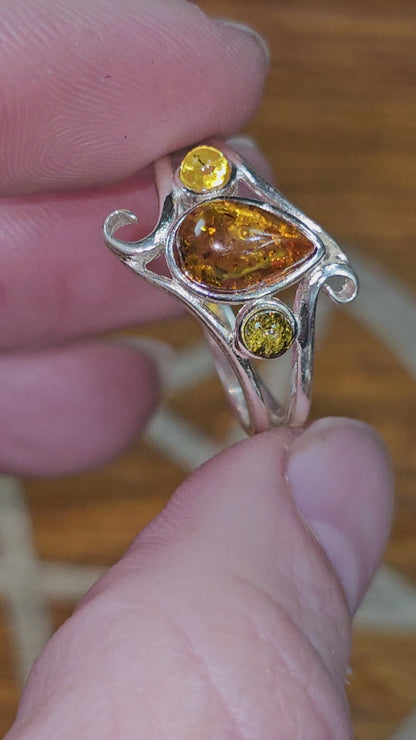 Multi-Stone, Baltic Amber Ring in Sterling silver