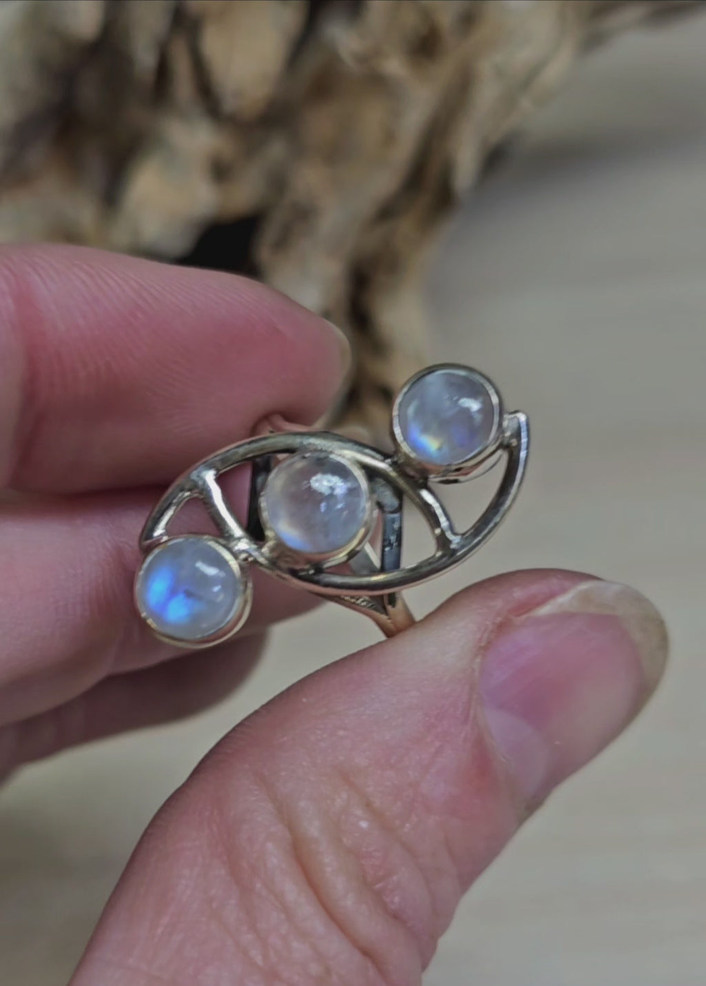 Stunning, Triple Moonstone Sterling Silver Ring. Sz 6