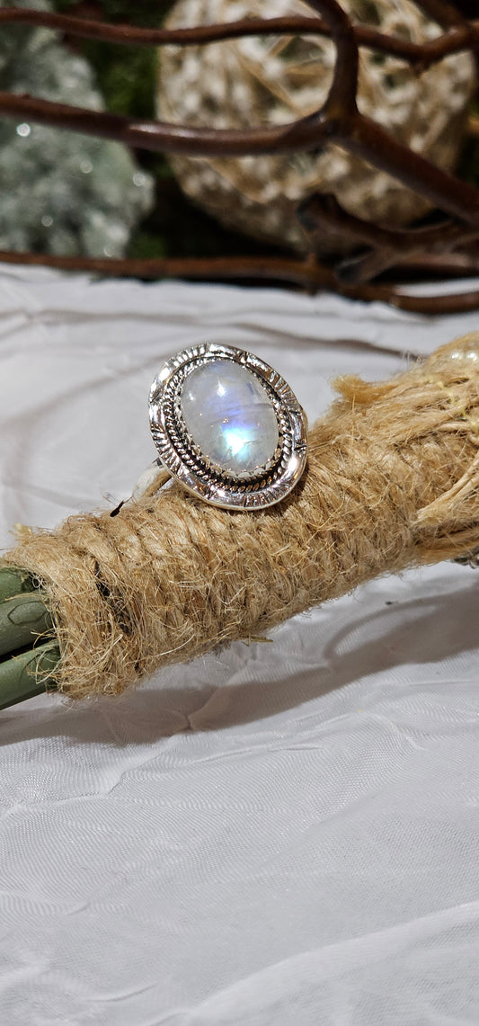 Flashy Rainbow Moonstone Sterling Silver Ring