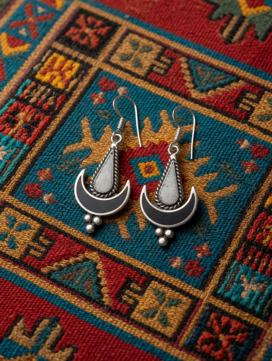 Black Onyx & White Buffalo Crescent Moon Dangle Earrings – Southwest Boho Statement